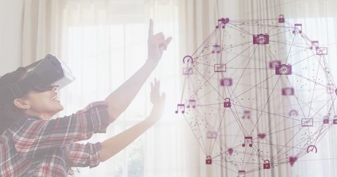 Woman Engaging with Futuristic Digital Interface in VR Space