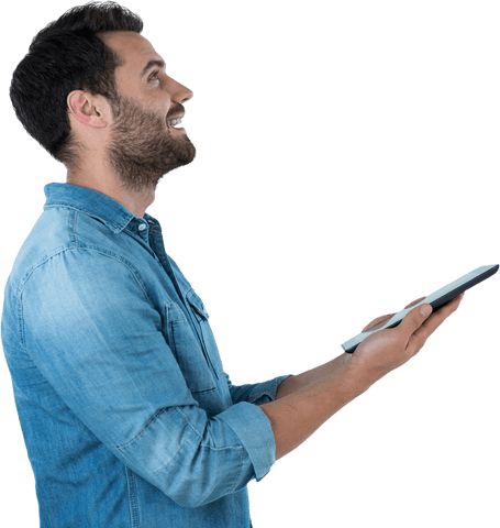 Happy Man with Beard Holding Tablet Looking Upward Transparent Background - Download Free Stock Videos Pikwizard.com