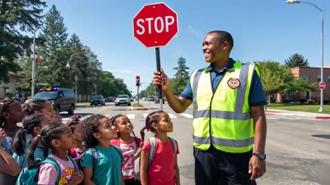 Crossing Guard Stopping Traffic While Guiding Schoolchildren Across Crosswalk