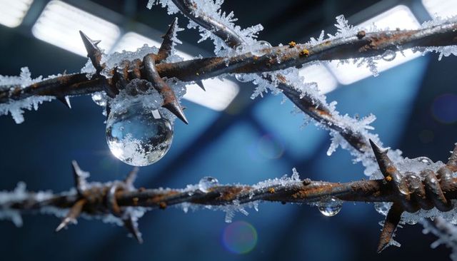 Frosted rusty barbed wire with glistening ice droplets and hoarfrost winter close-up