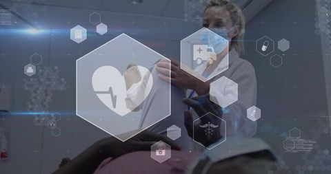 Doctor examining patient in medical room with augmented reality icons