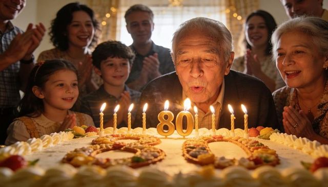 Elderly man blowing out 80th birthday candles surrounded by smiling family