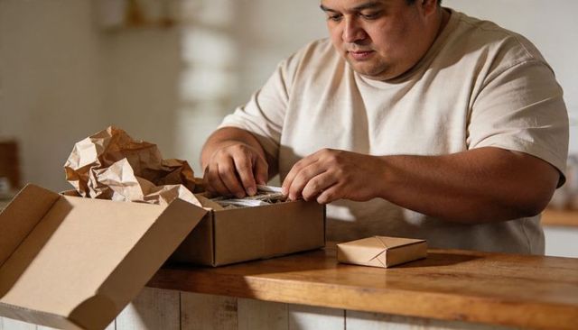 Hispanic man packing business orders on wooden counter, arranging kraft paper parcels