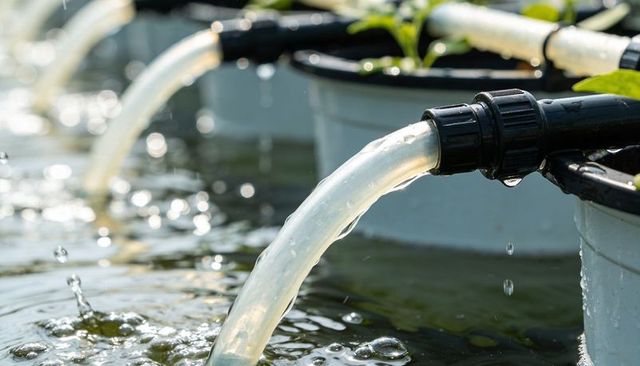 Transparent tubing pouring water into hydroponic buckets with black couplings, irrigation