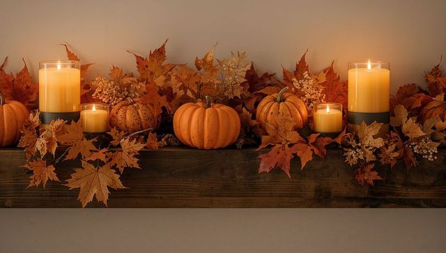 Warm autumn display with pumpkins, candles, and maple leaves
