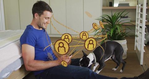 Man Relaxing with Smartphone and Dog, Exploring Digital Connectivity