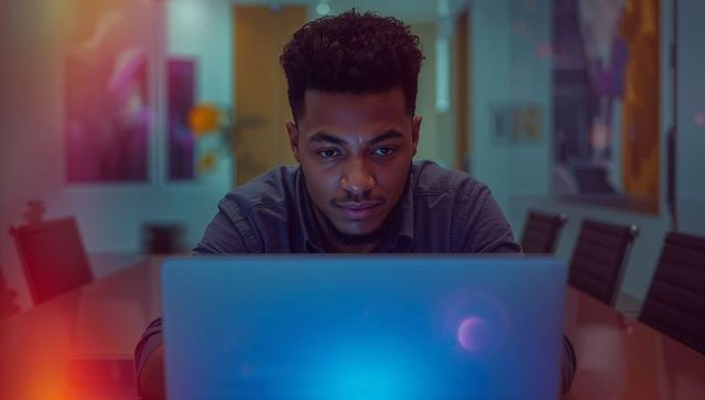 Focused Professional Working Late on Laptop at Modern Conference Table