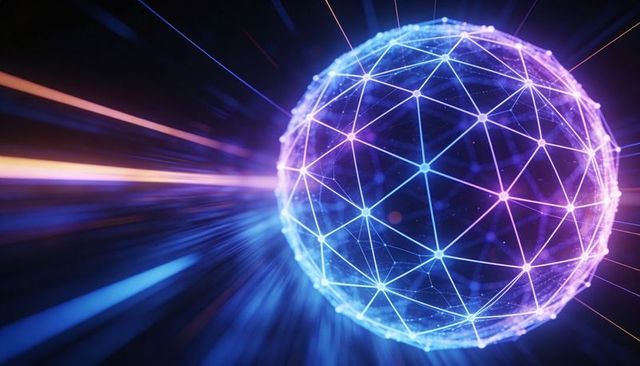 Neon Geodesic Orb with Glowing Network Nodes and Light Trails for Digital Connectivity