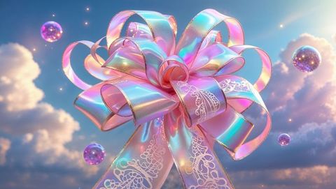 Iridescent ribbon bow in pastel sky with sparkling spheres