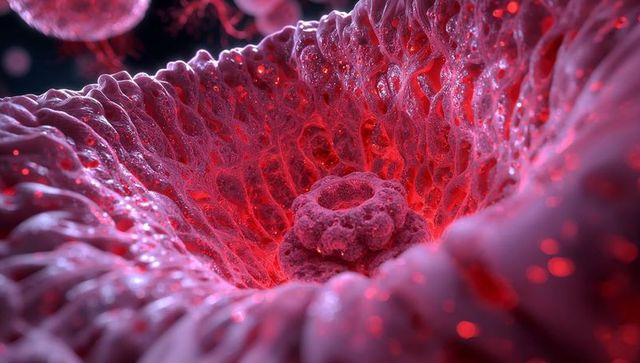 Microscopic cratered tissue glowing with ringed nodule, honeycomb vesicles and droplets