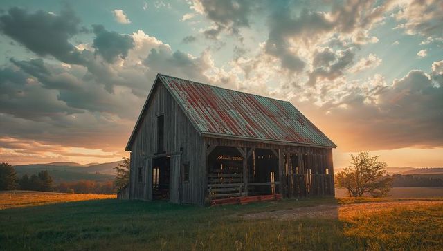 Rustic Wooden Barn with Corrugated Roof at Sunset in Tranquil Countryside