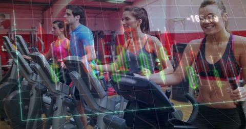 Group cardio training on ellipticals with fitness data overlay and performance metrics