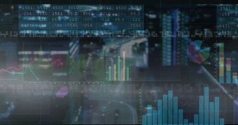 Digital Dashboard Interface Over Urban Roadway at Night