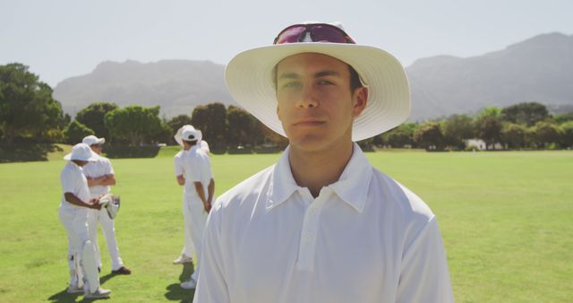 Cricket Player Wearing Sun Hat on Field with Teammates in Background - Download Free Stock Images Pikwizard.com