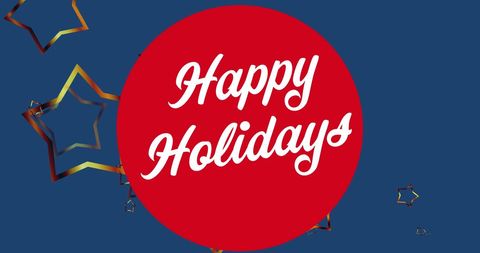 Happy holidays greeting with golden ribbon stars on blue background