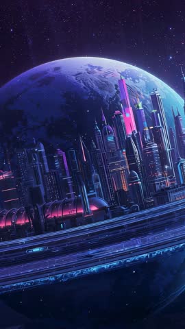 Vertical Panning Revealing Futuristic Ring City Orbiting Planet With Neon Skyscrapers