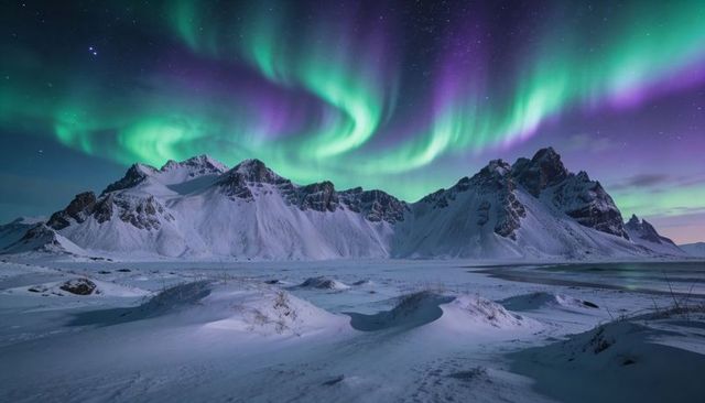 Dancing aurora curtains over snowy jagged mountain ridge with coastal lagoon reflections