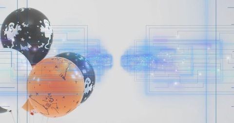 Halloween balloons floating with blue digital neon glow and abstract geometric space