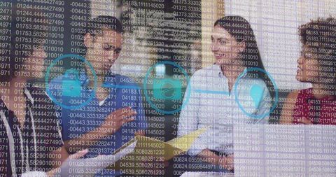 Business Team Collaborating with Digital Security Overlay in Meeting