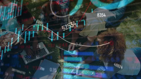 Friends in Park Engaging with Gadgets Amidst Financial Data Overlay