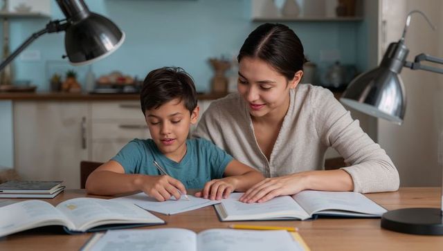 Mother guiding son doing homework at kitchen table with desk lamps - tutoring moment
