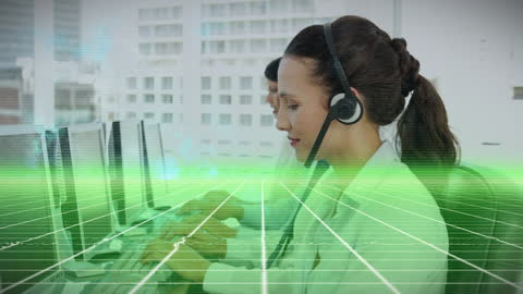 Team of Customer Service Agents in Futuristic Green Grid Interface