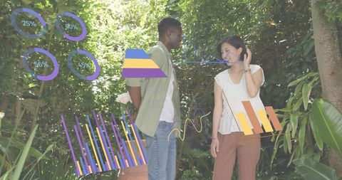 Couple sharing shy conversation in garden holding rose bouquet with colorful data overlays