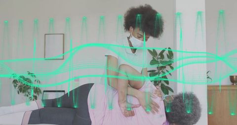 Therapist Assisting Senior on Therapy Table with Waveform Overlay