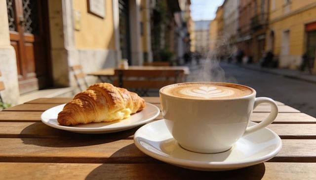 Steaming cappuccino with latte art and butter croissant on sunlit european cafe table