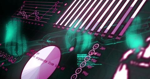 Holographic data dashboard displaying neon bar chart pie chart and circular timeline
