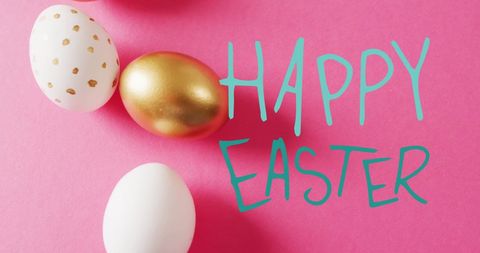Colorful easter greeting with gold and white eggs on pink background