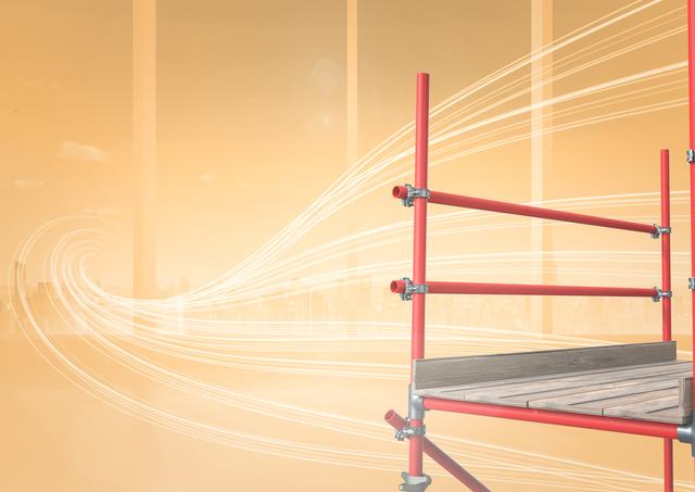 Red 3D scaffolding set against an abstract orange background with flowing lines design, symbolizing construction, industrial work, and modern architecture. Ideal for use in advertising targeting construction and engineering sectors or as a background in presentations and graphics related to industrial themes.