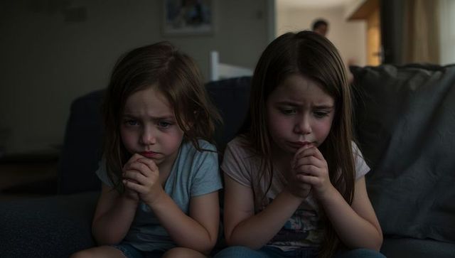 Sisters reflect in dimly lit living room environment