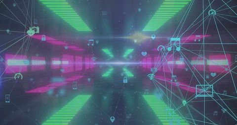 Neon Cyber Tunnel with Floating Network Icons, Holographic Mesh and Futuristic Data Grid