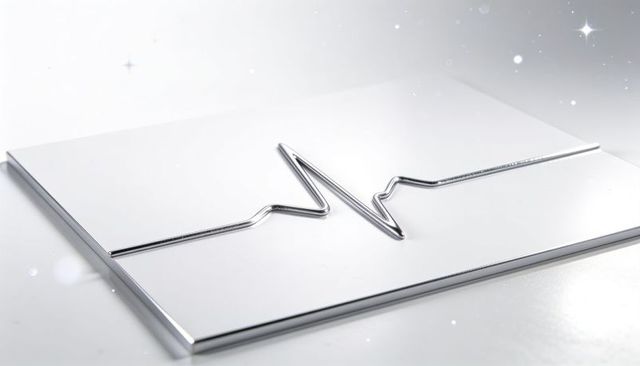 Polished chrome heartbeat line on minimalist reflective metal panel for futuristic design