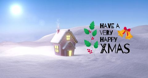 Cozy Winter House with Christmas Greeting in Snowy Landscape