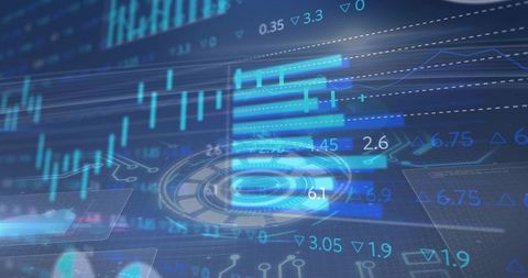 Displaying futuristic finance dashboard with blue hud, candlestick charts and radial interface