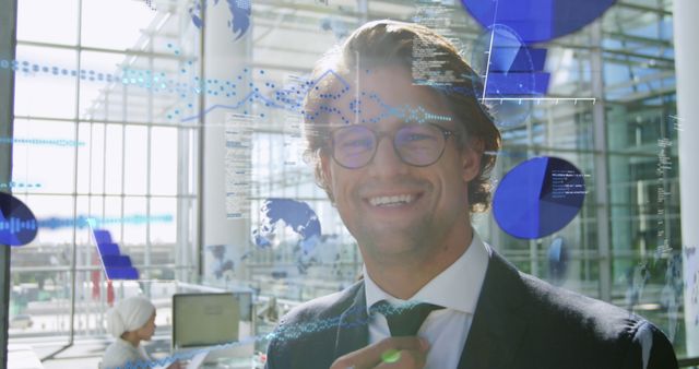 Image of graphs, globes and computer language, smiling caucasian man adjusting tie in office. Digital composite, multiple exposure, report, business, globalization, coding and technology concept.