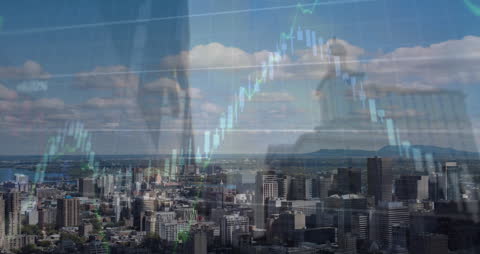Financial Graph Overlaying Vibrant Cityscape Skyline