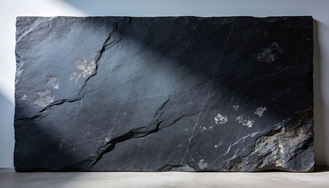 Large dark slate slab leaning against pale wall showing cracks, veining, mineral flecks