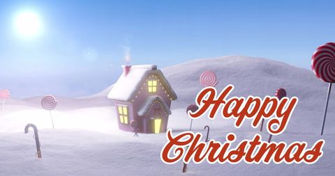 Happy christmas text over snowy winter candy land