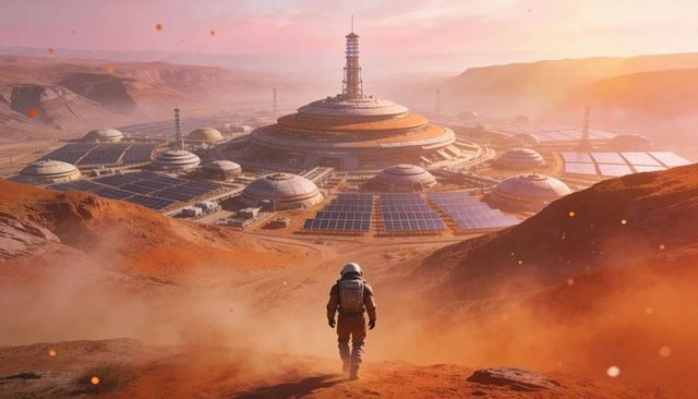 Mars colony explorer walking toward futuristic tiered dome habitat with solar arrays