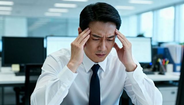 Asian businessman holding head in modern open-plan office, experiencing work stress