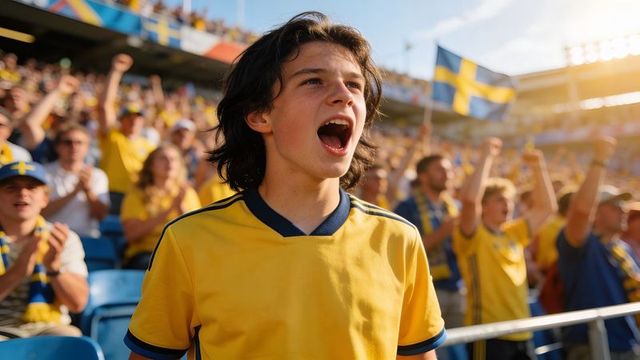 Young swedish fan cheering loud in stadium crowd wearing yellow football jersey