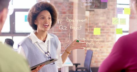 Focused Team Brainstorming with Glass Board in Office