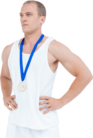 Confident male athlete displaying olympic medal on transparent background