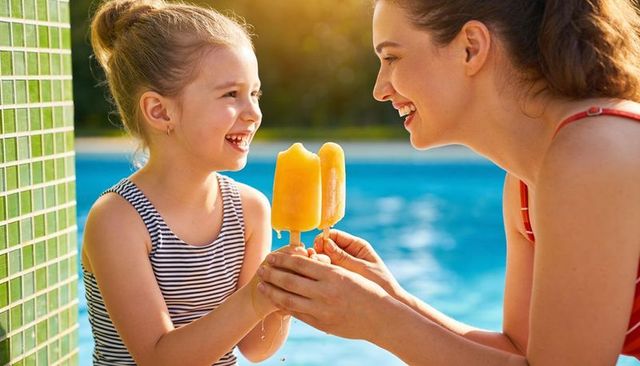 Mother and daughter sharing popsicles by sunlit pool laughing summer moment