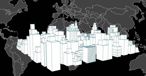 Digital Cityscape Overlaying World Map for Global Technology Concept - Download Free Stock Images Pikwizard.com