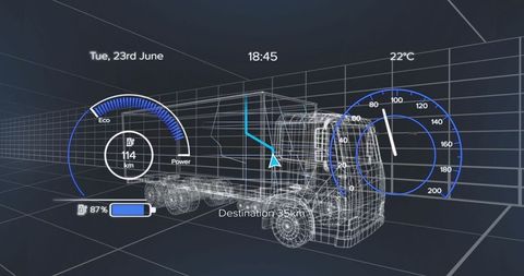 Futuristic semi truck interface with wireframe simulation and navigation