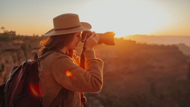 Female Traveler Capturing Canyon Sunset with DSLR Backpack Straw Hat Golden Hour